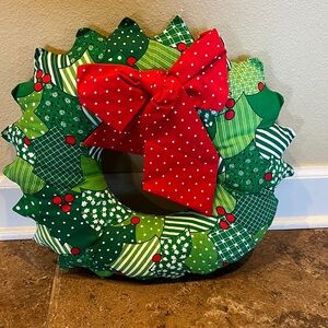 Vintage handmade patchwork Holiday Green and Red fabric Wreath with Bow